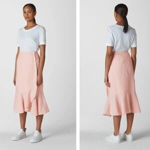 WHISTLES Linen Button Frill Midi Skirt Light Pink Sz 6 $158 {3J26}